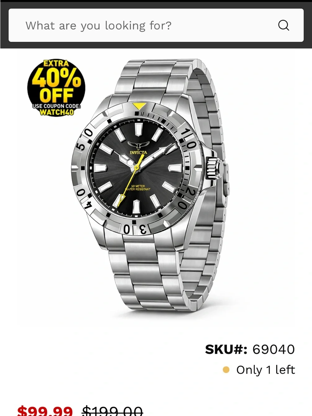 Invicta Silver Bracelet Watch with Black Dial and Yellow Accent 42mm